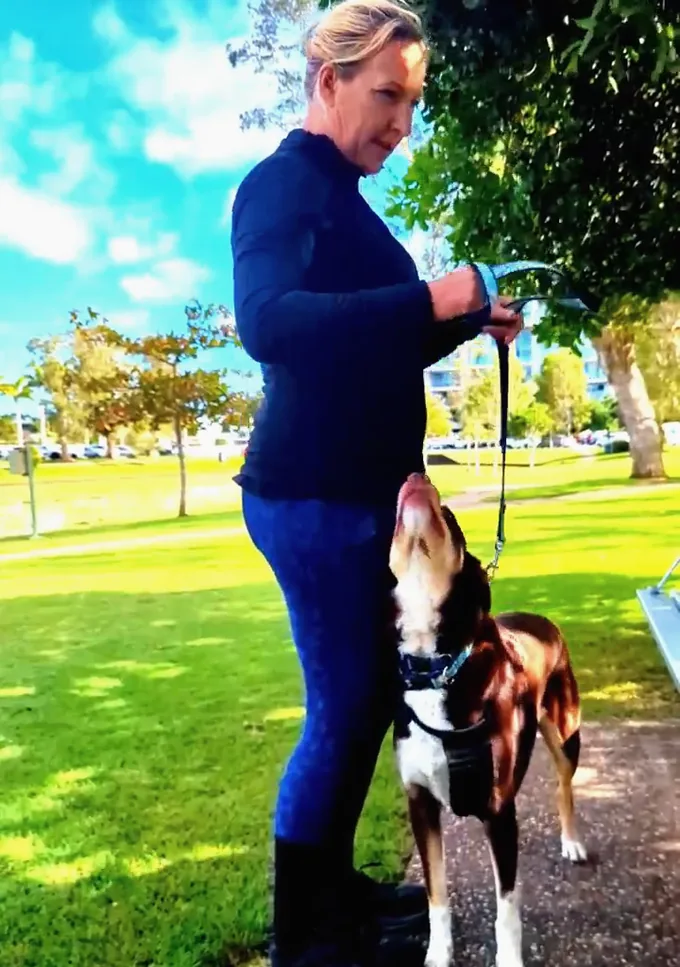 A woman standing with her dog looking up at her during a calf raise exercise in a park.