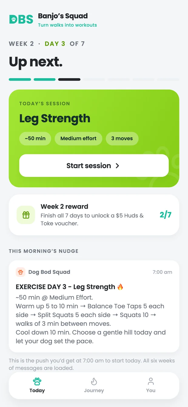 The Today screen with the day's session, week progress and voucher tracker.