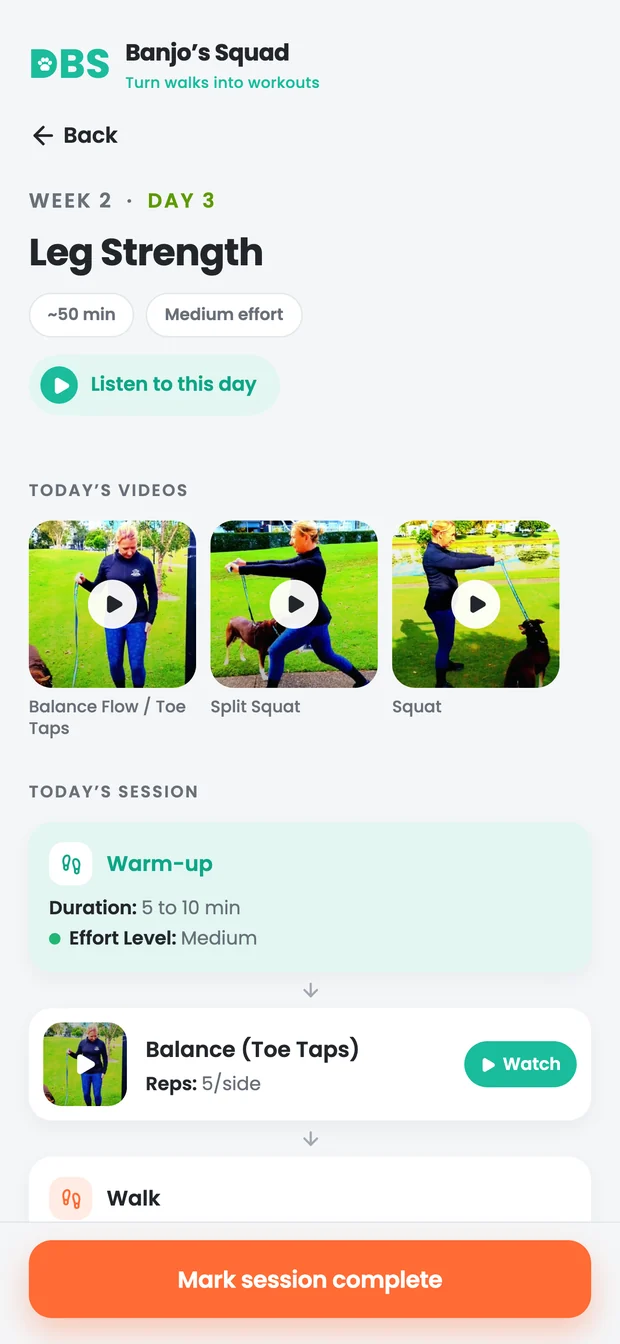 A session screen listing the moves with play buttons and written coaching.