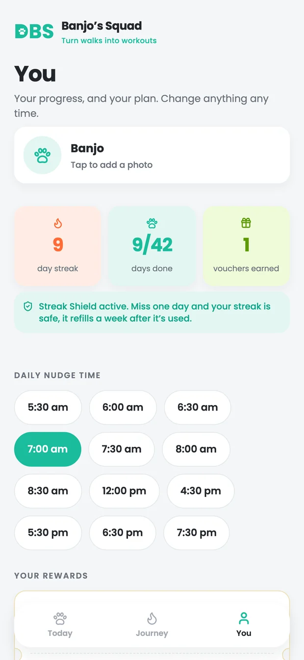 The You screen with streak, days done, vouchers earned and pace settings.